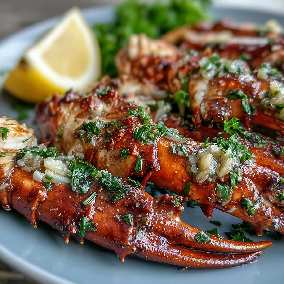 Garlic butter glazed Keto Garlic Butter Crab Legs with Lemon Wedges on a platter, served beside crisp greens.