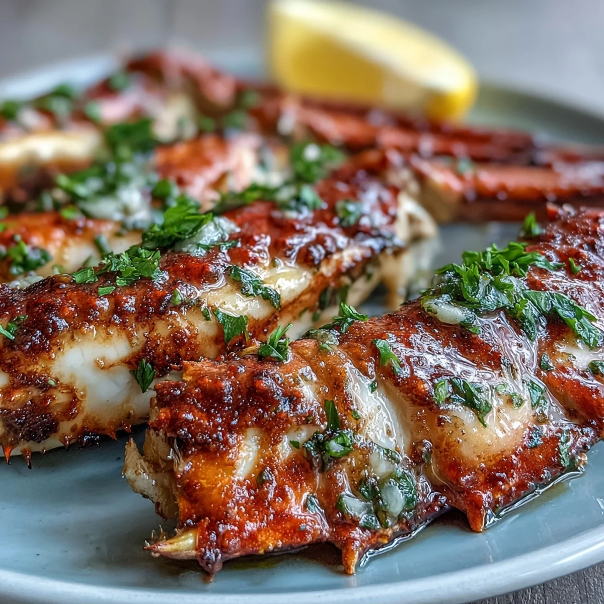 Succulent Keto Garlic Butter Crab Legs with Lemon Wedges garnished with parsley, ready to serve with white wine.