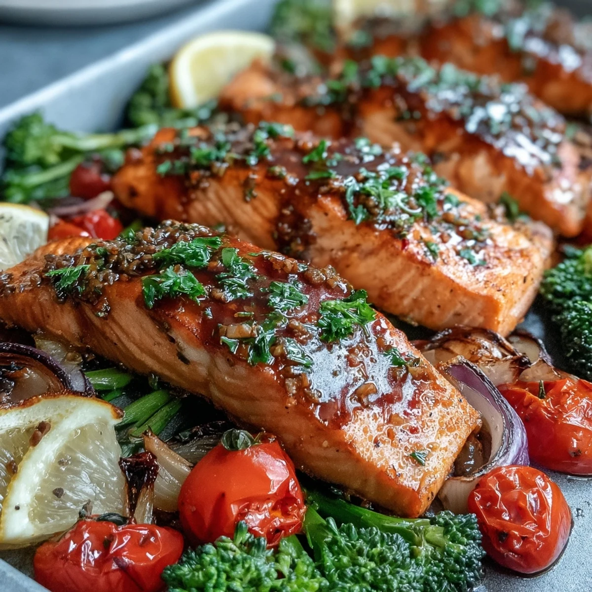 Freshly roasted Sheet Pan Dijon Salmon with Roasted Vegetables, featuring flaky salmon fillets and caramelized cherry tomatoes, broccoli, and red peppers straight from the oven.