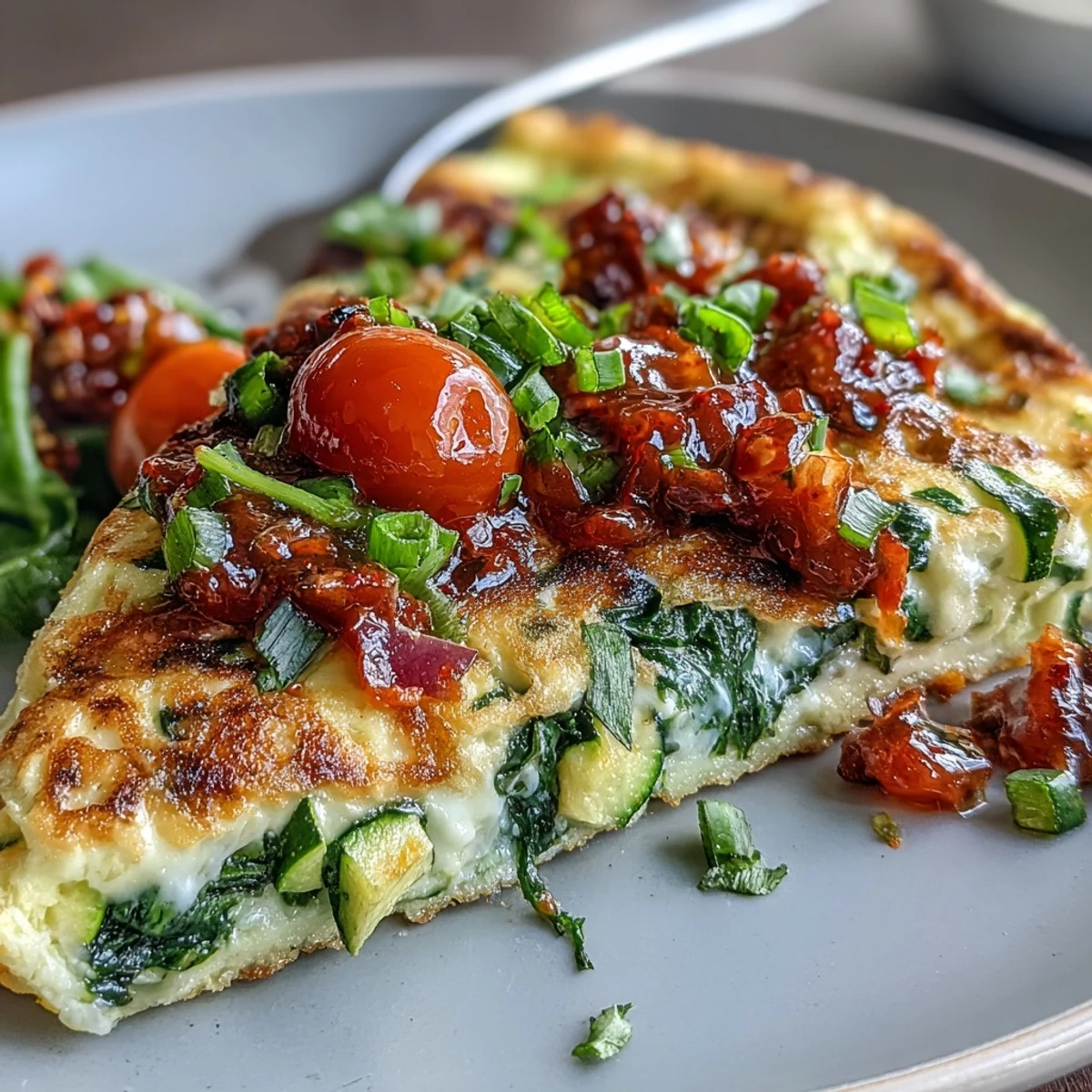 A close view of the Light Veggie Egg White Omelette topped with fresh tomato salsa, cilantro, and chili flakes on a rustic table.