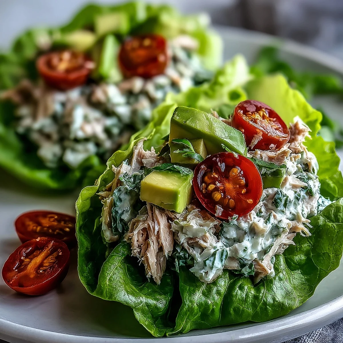 Crisp butter lettuce cups filled with fresh High-Protein Tuna Salad, topped with cherry tomatoes and avocado.
