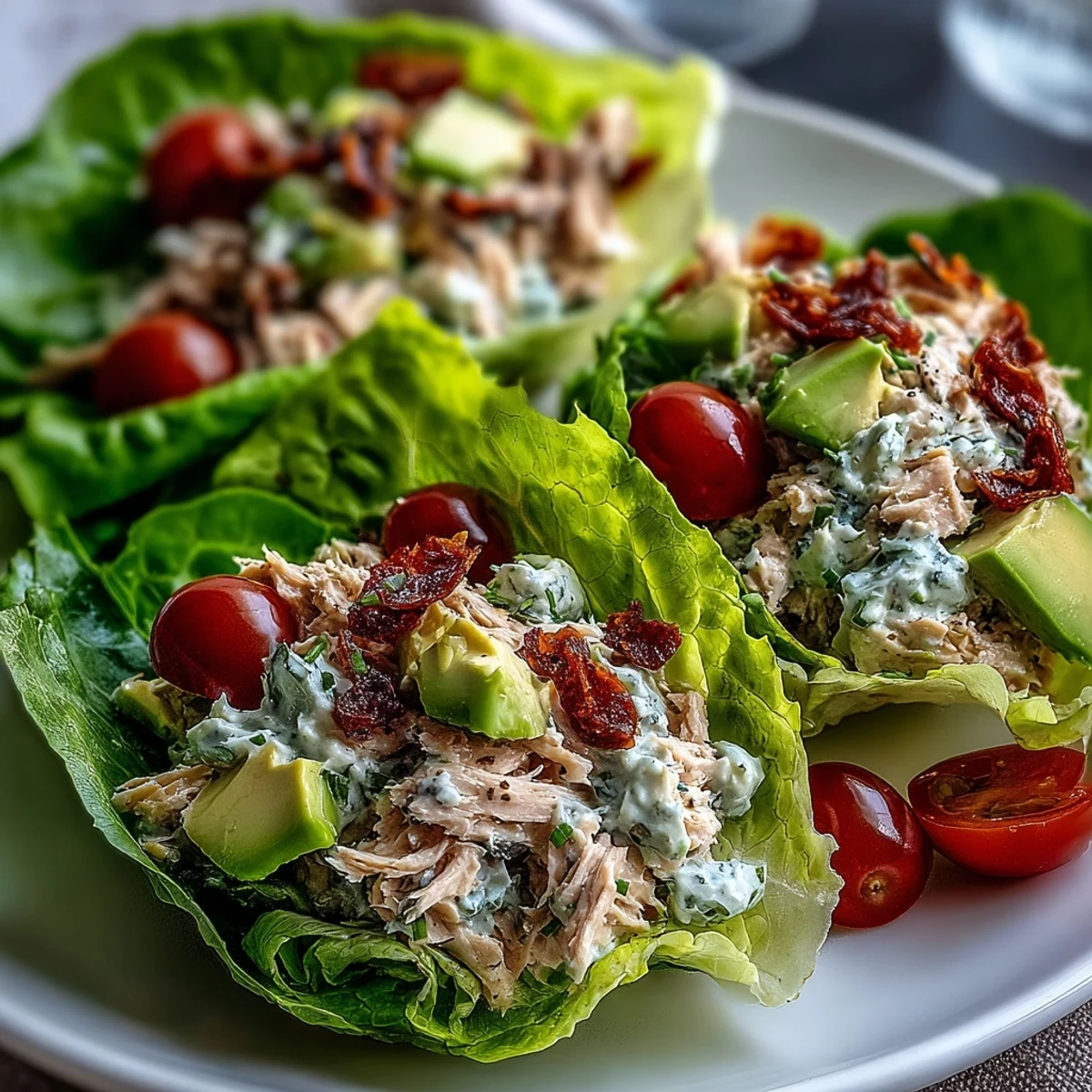 Freshly made High-Protein Tuna Salad Lettuce Cups garnished with parsley and lemon, served on a light lunch plate.