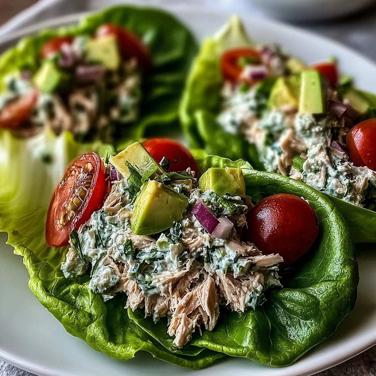 Easy High-Protein Tuna Salad in crunchy lettuce cups, topped with shredded carrots and halved cherry tomatoes for serving.