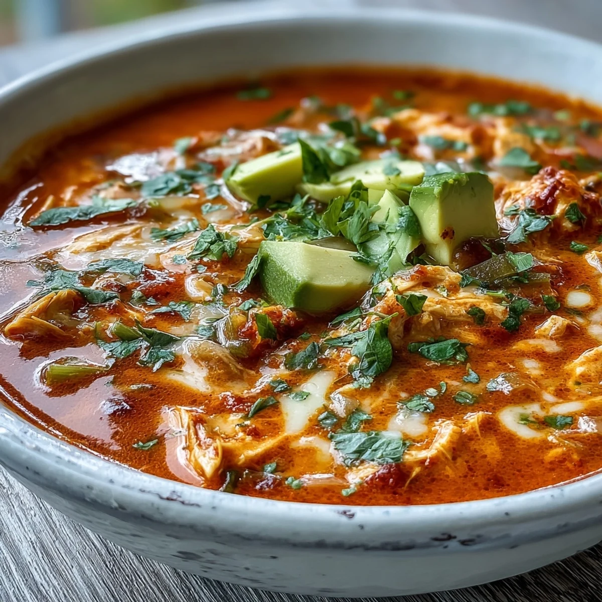 Creamy Keto Creamy Chicken Enchilada Soup in a rustic bowl, topped with shredded cheese, fresh cilantro, and sliced avocado.