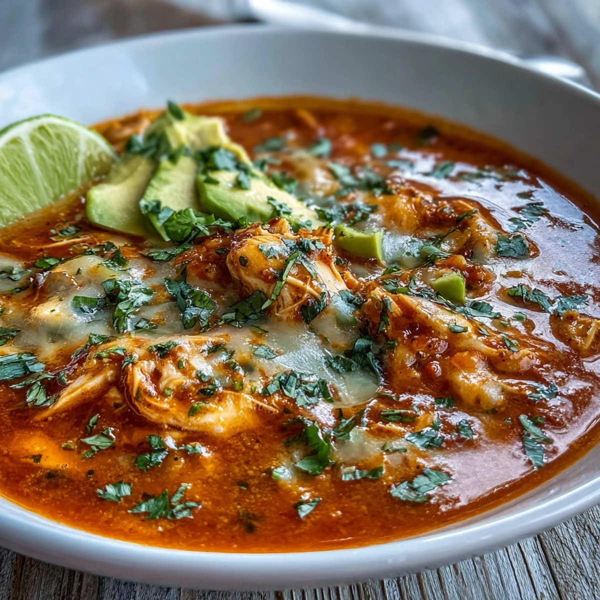 Keto Creamy Chicken Enchilada Soup in a pot with a ladle, steam rising, garnished with lime wedges and jalapeños.