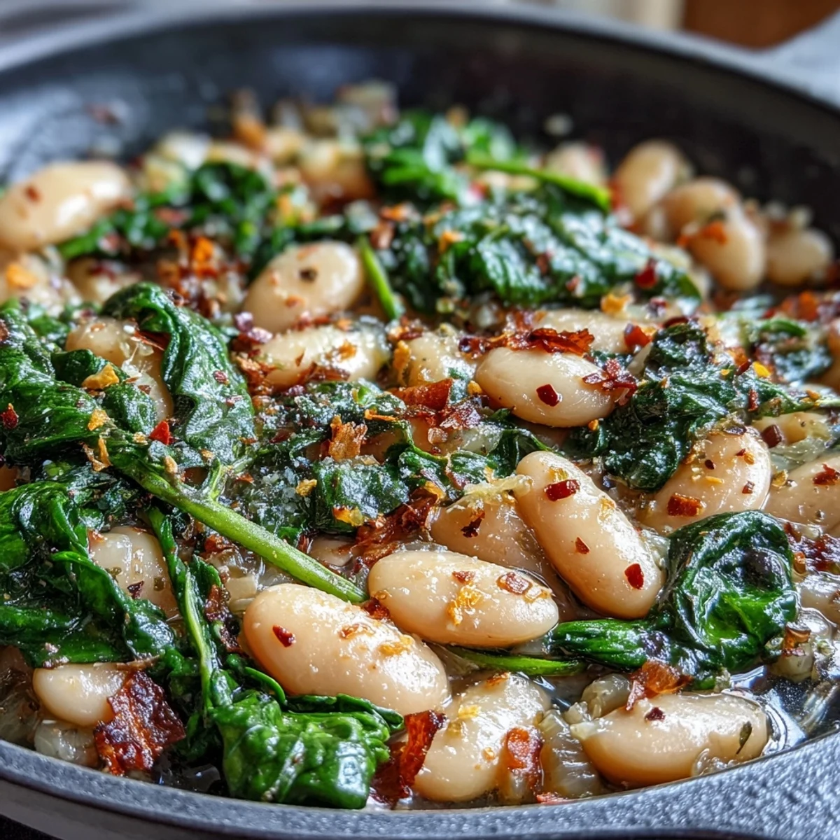 Creamy white beans and wilted spinach tossed in a zesty lemon-garlic sauce, garnished with parsley and served with lemon wedges.  