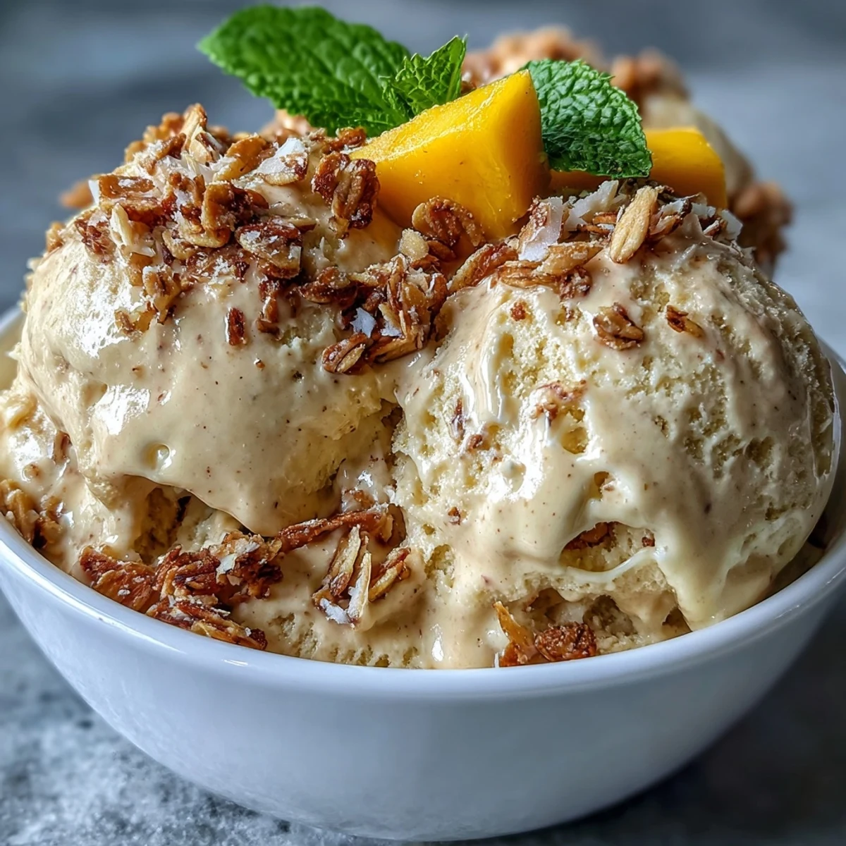 Vibrant dairy-free mango coconut ice cream topped with golden toasted oats and fresh fruit slices.  