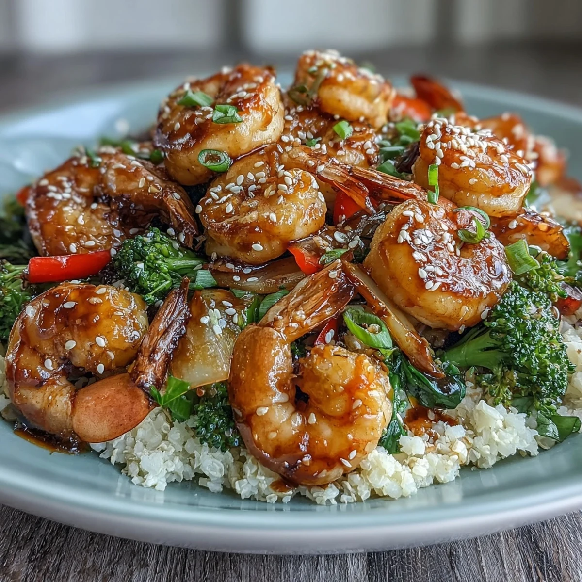 A vibrant shrimp and veggie stir-fry served over fluffy cauliflower rice, packed with colorful bell peppers and crisp snap peas.
