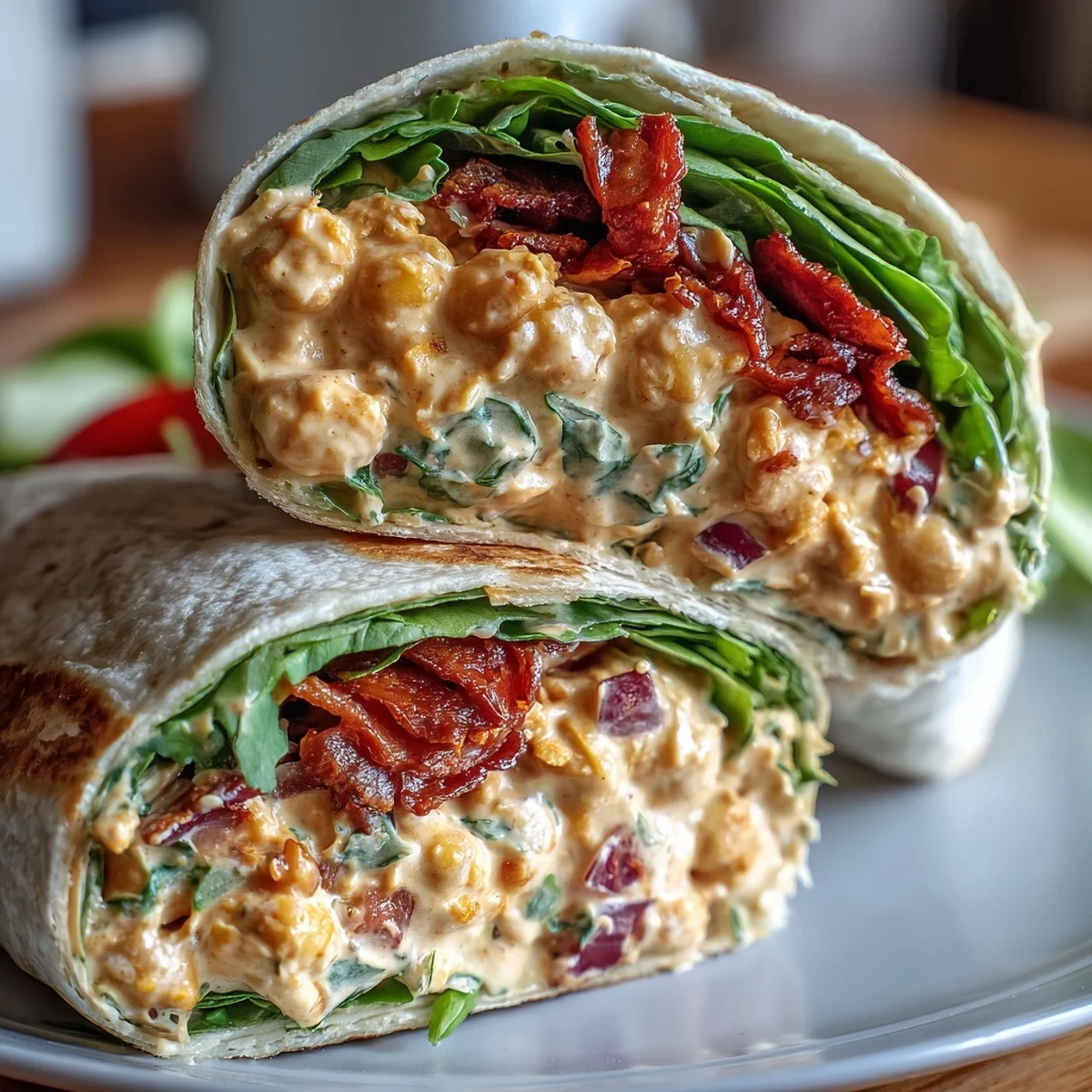 A creamy, protein-rich vegan wrap filled with sun-dried tomato chickpea salad, crunchy veggies, and fresh herbs, perfect for a satisfying lunch.