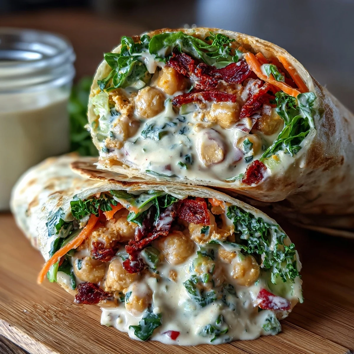 Colorful chickpea chicken salad wraps loaded with tangy sun-dried tomatoes, crisp greens, and julienned carrots, offering a vibrant plant-based meal.