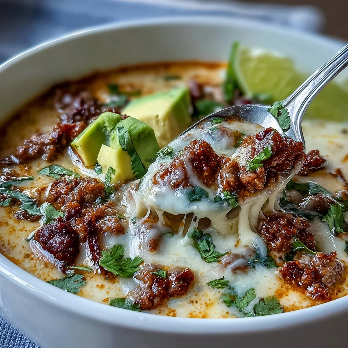 Warm bowl of keto taco soup loaded with ground beef, melty cheese, and diced avocado for a satisfying meal.
