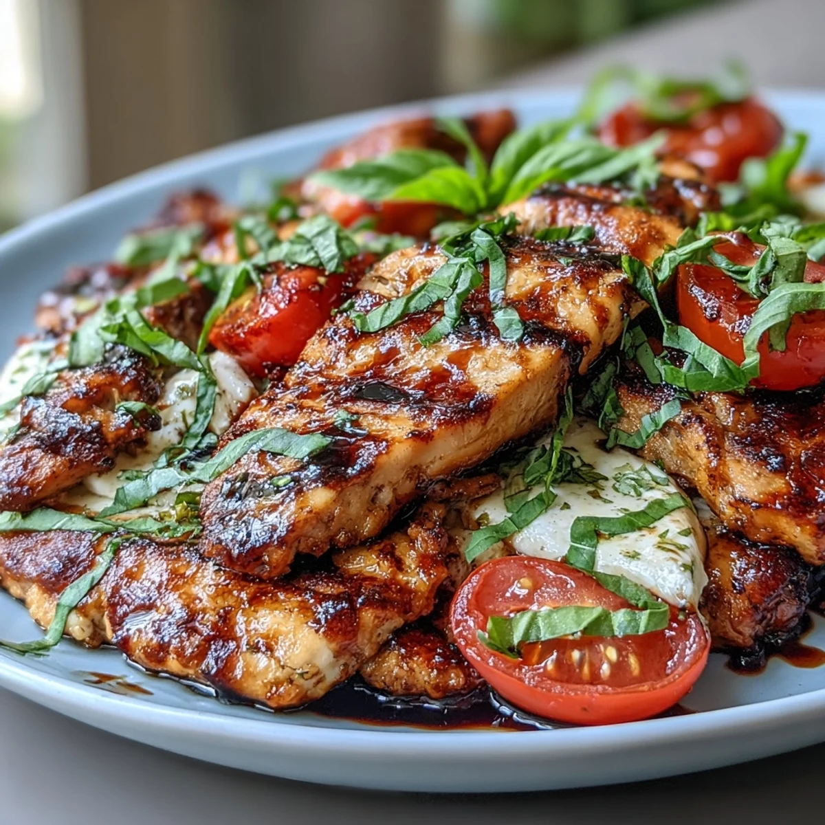 Fresh grilled chicken breast slices atop a bed of mixed greens, ripe tomatoes, and creamy mozzarella, garnished with basil and balsamic glaze.  