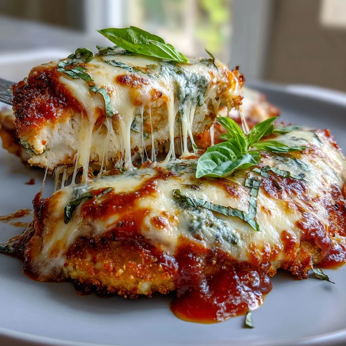 A healthy baked chicken Parmesan served over tender zucchini noodles with marinara and melted mozzarella cheese.  