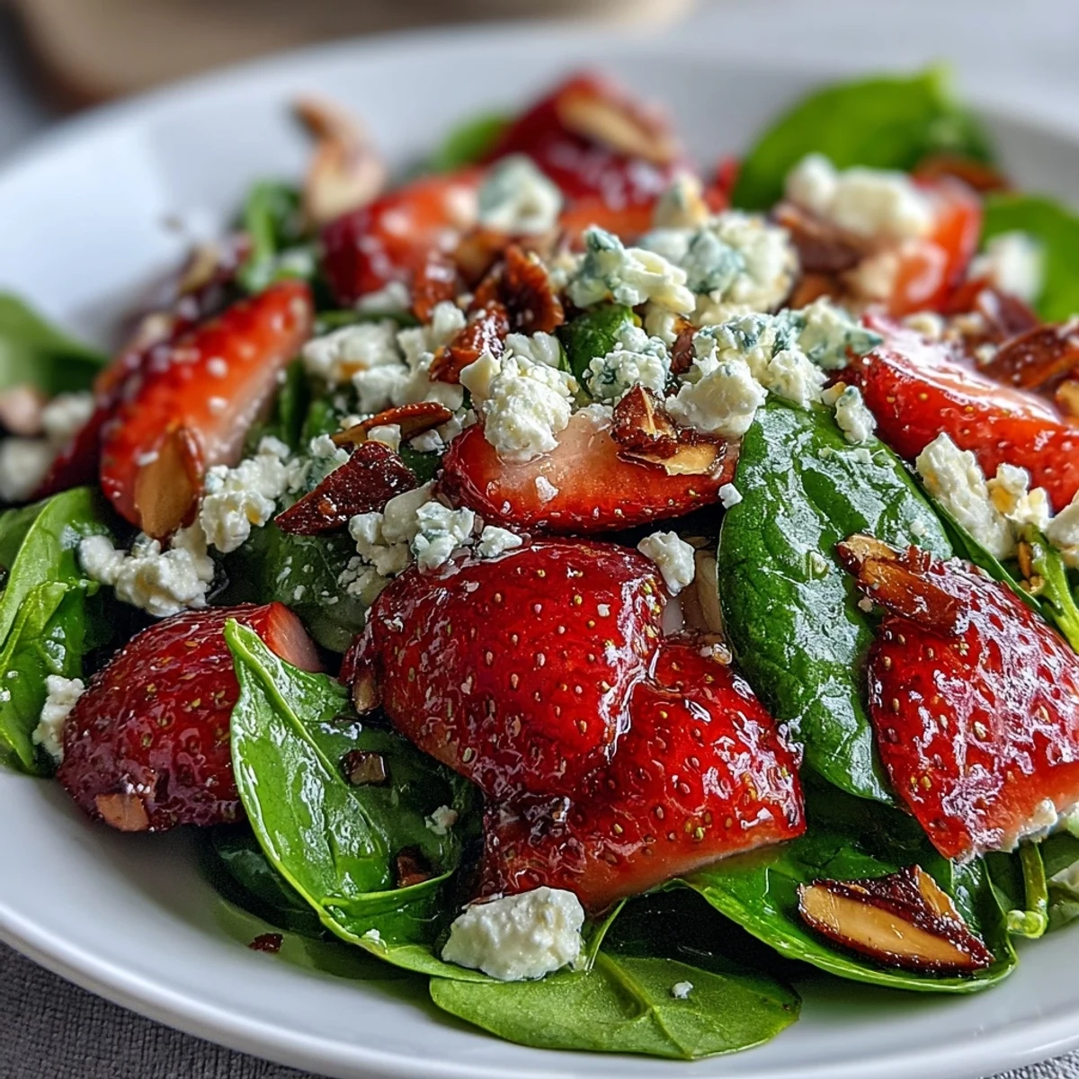 Close-up of creamy feta crumbles and golden toasted almonds over fresh spinach and sliced strawberries, drizzled with balsamic dressing.  