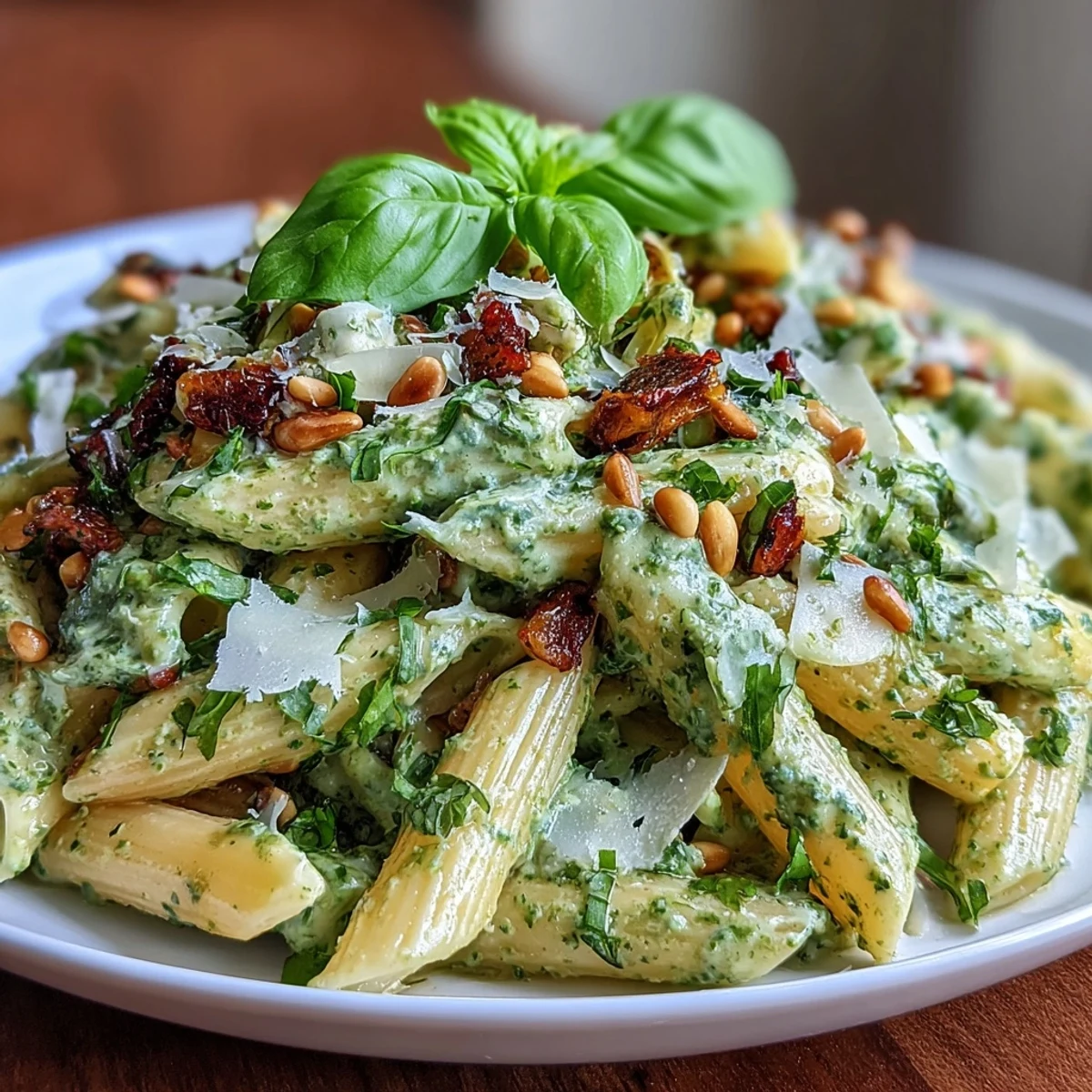 Creamy penne pasta with light cream cheese pesto, fresh basil, and toasted pine nuts in a vibrant Italian dish.  
