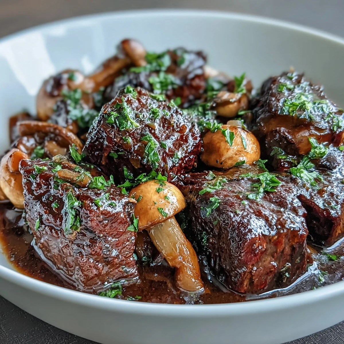 Hearty Wild Mushroom Beef Bourguignon with tender beef, wild mushrooms, and rich red wine sauce in a rustic Dutch oven.