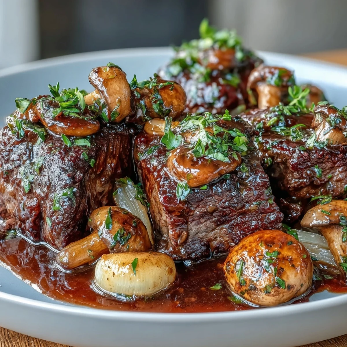 Luxurious Wild Mushroom Beef Bourguignon featuring braised beef, pearl onions, and glossy wine sauce—perfect for elegant dinners.