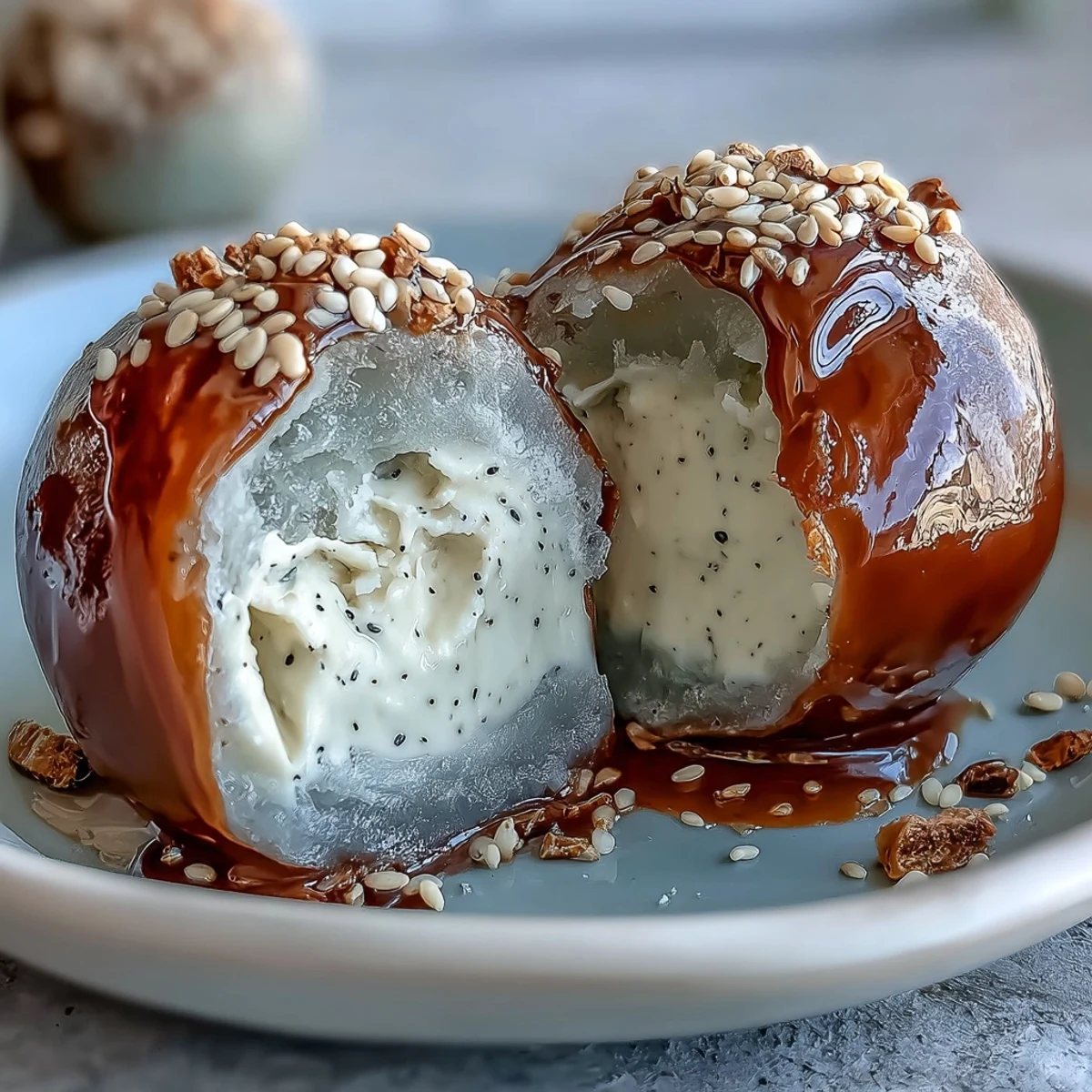 Creamy black sesame ice cream wrapped in soft, chewy mochi for a delightful Japanese-inspired treat.