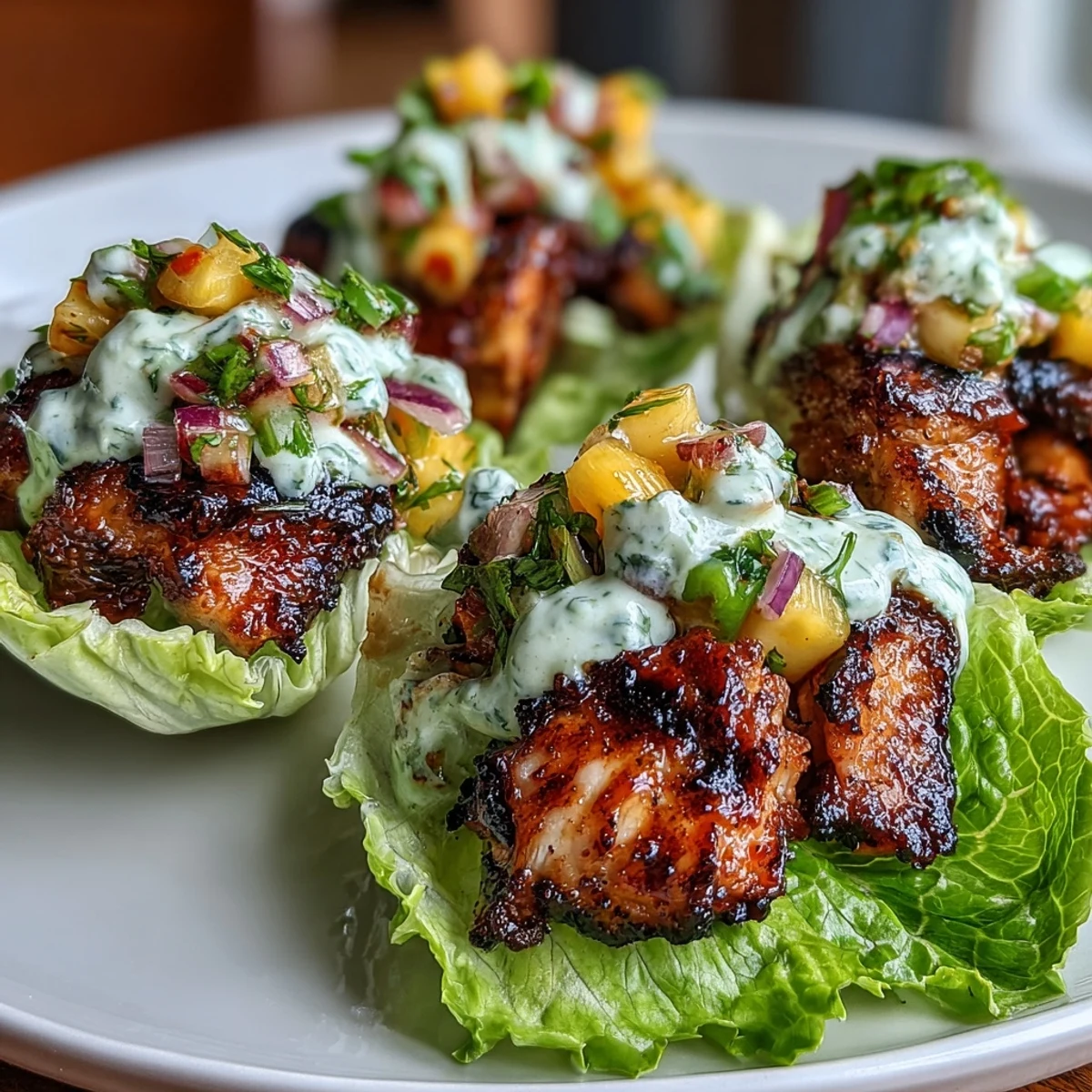 Fresh Caribbean jerk chicken lettuce wraps topped with vibrant mango salsa and tangy coconut yogurt drizzle for a healthy appetizer.  