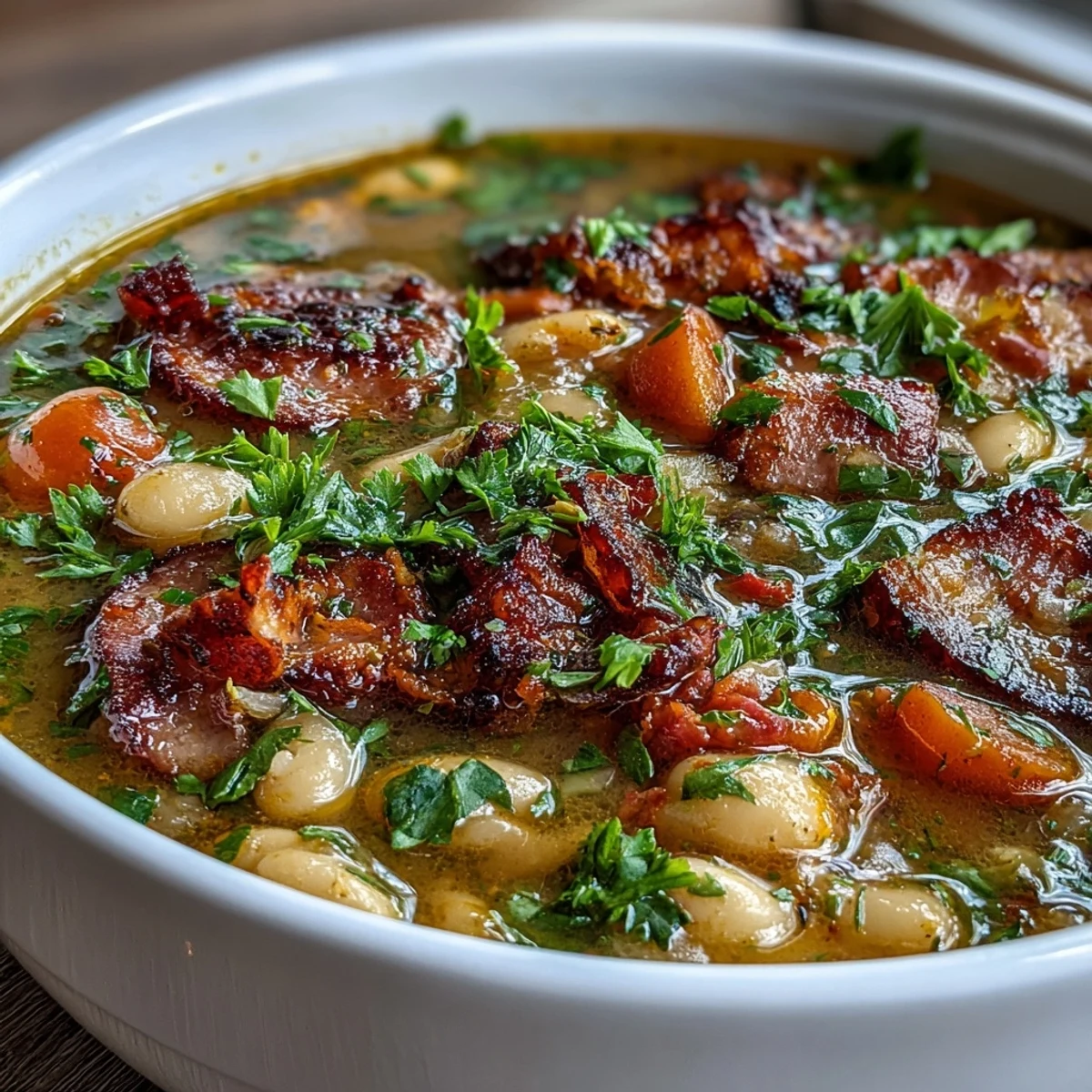 Hearty Ham and Cannellini Bean Stew with tender ham, creamy beans, and aromatic vegetables in a savory broth.  