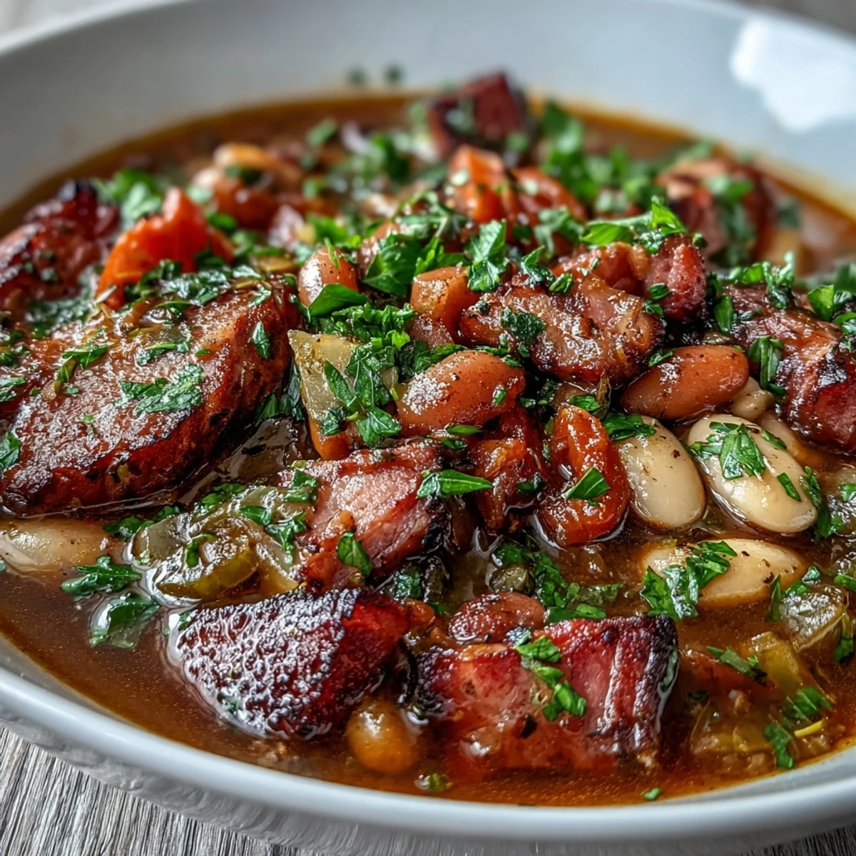 Comforting Ham and Cannellini Bean Stew featuring rich tomato broth, tender vegetables, and smoky ham for a satisfying meal.