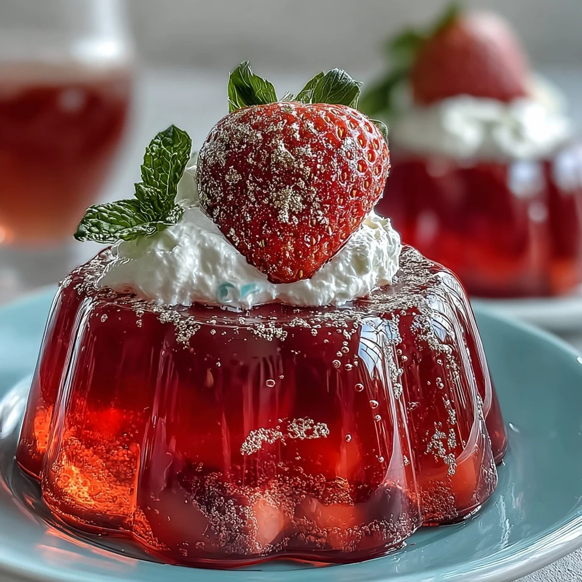 Festive Valentine strawberry champagne jello shots with sparkling bubbles and fresh strawberry garnish.  