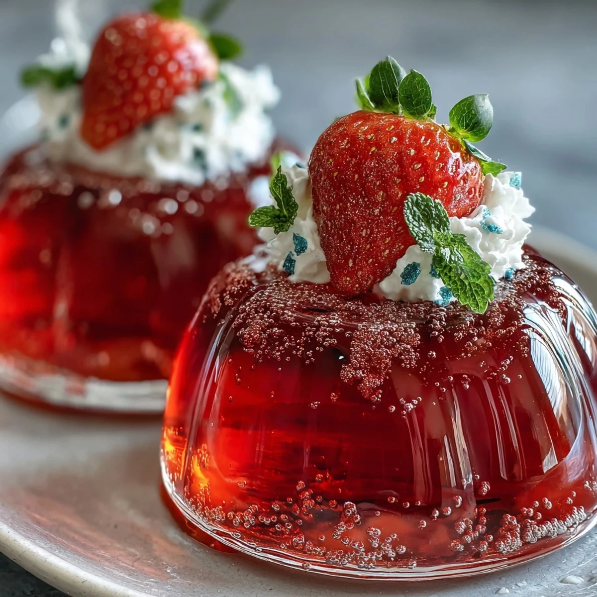 Elegant red jello shots made with champagne and strawberry puree, perfect for romantic celebrations.  