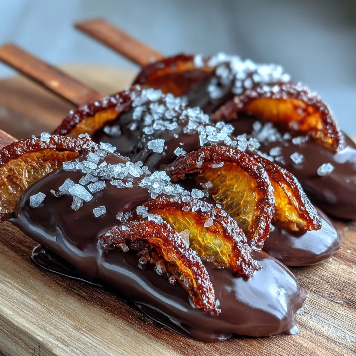 Rich dark chocolate-coated stirrers featuring vibrant candied orange peel, ideal for sharing or gifting.  