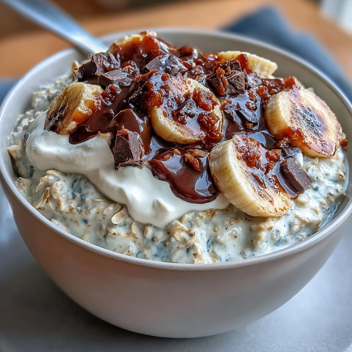 Creamy oats mixed with banana and dark chocolate, garnished with nuts for a wholesome morning treat.  