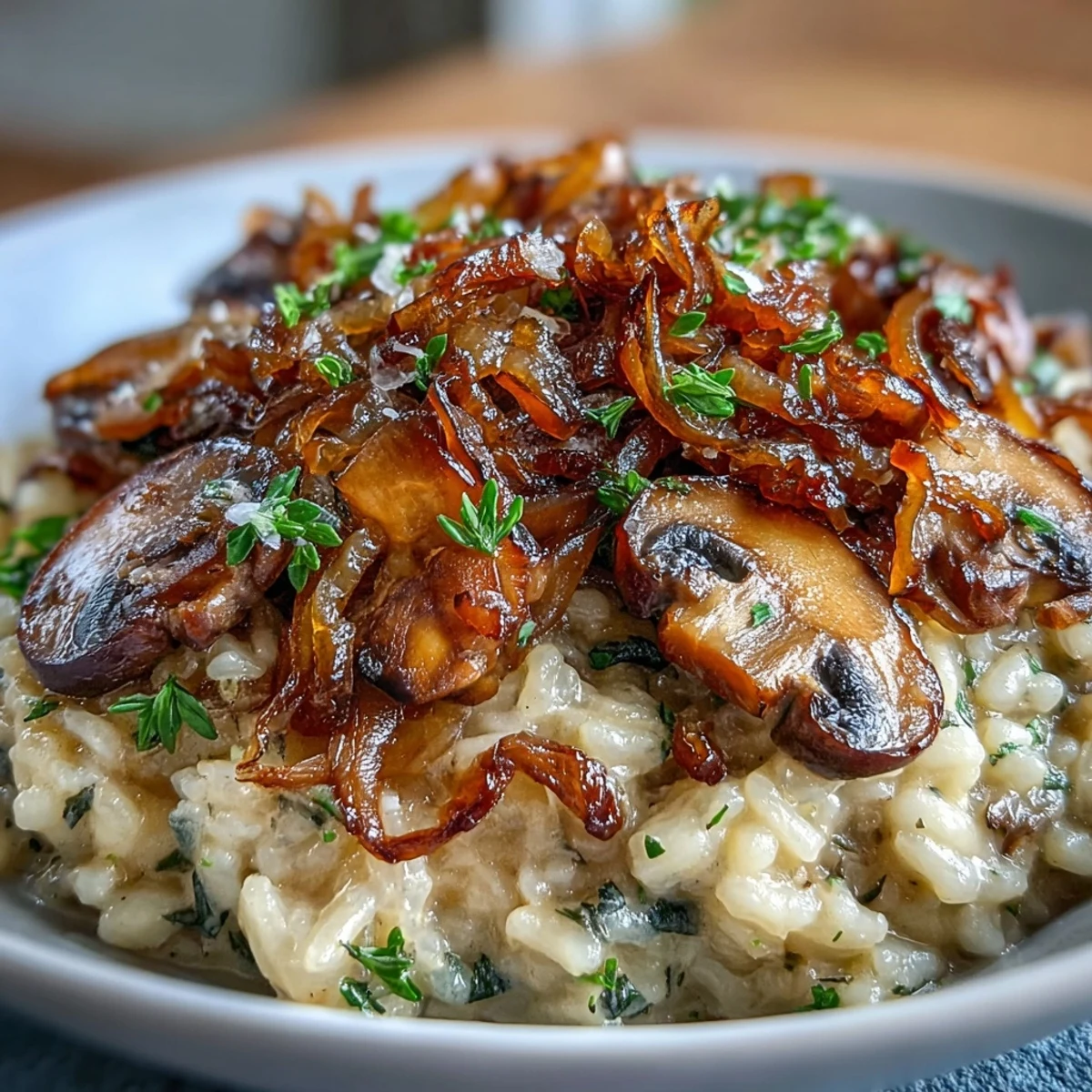 Creamy risotto with caramelized onions and sautéed mushrooms, topped with fresh parsley and Parmesan.  