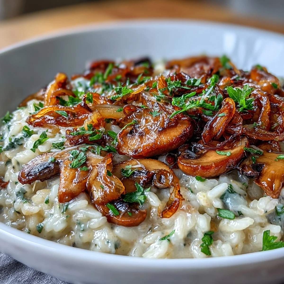 Golden-brown caramelized onions and tender mushrooms folded into a rich, velvety risotto with a hint of white wine.  