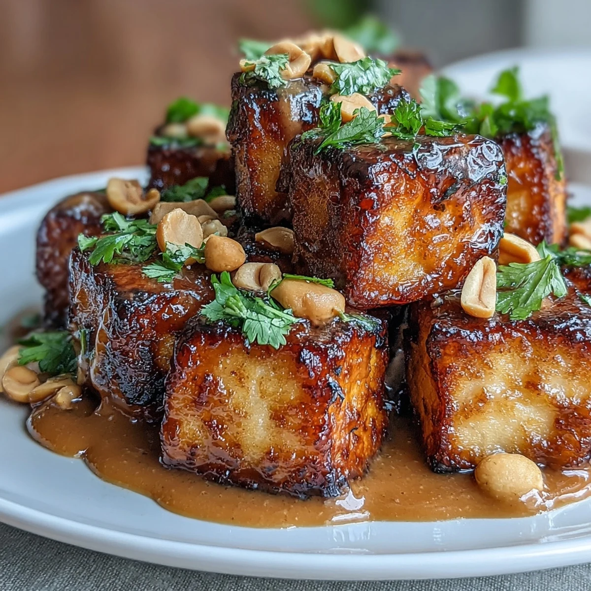Crispy air-fried tofu drizzled with savory peanut sauce, garnished with chopped peanuts and scallions for extra crunch.  