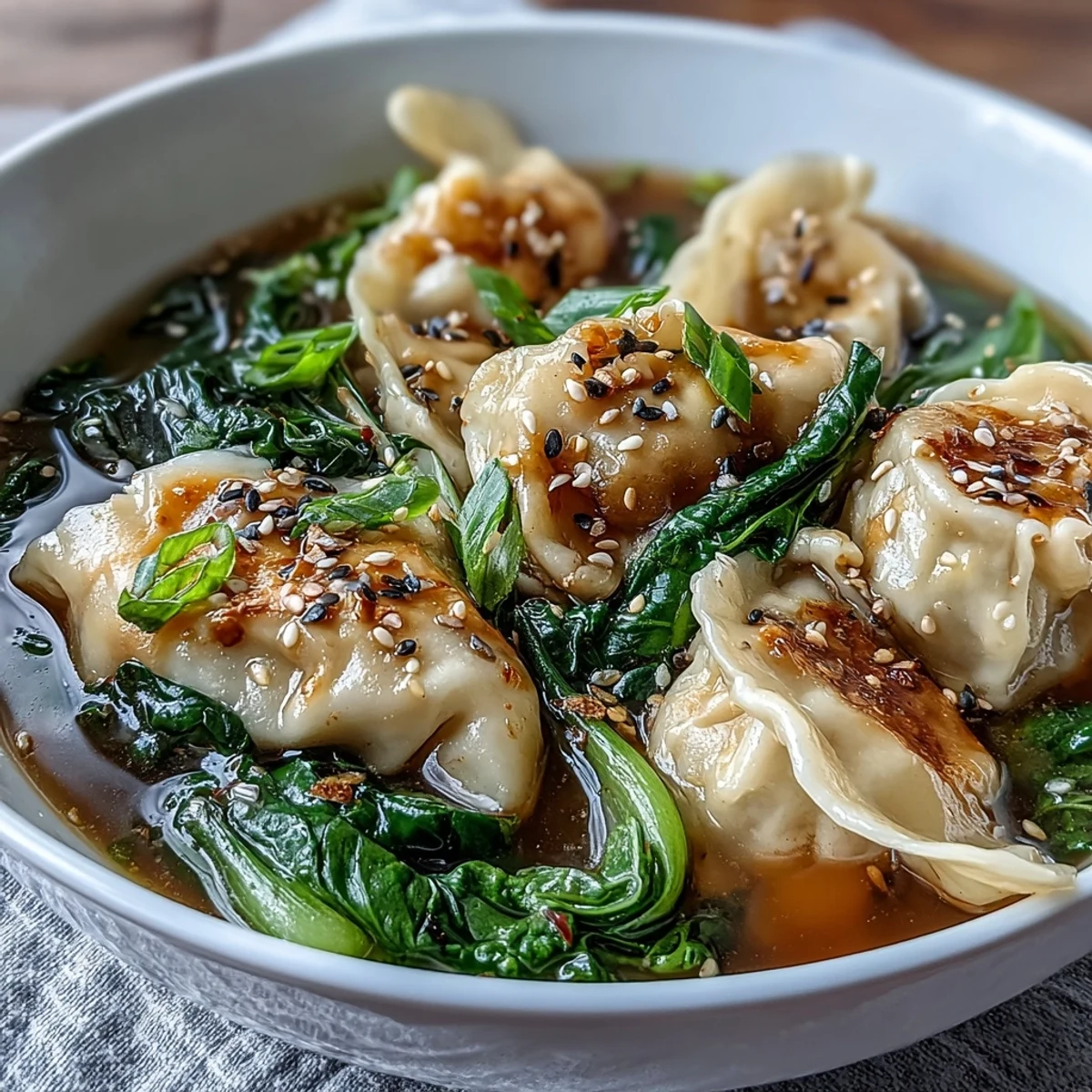 A steaming bowl of Asian dumpling soup with bok choy and ginger, featuring tender dumplings in a savory broth.