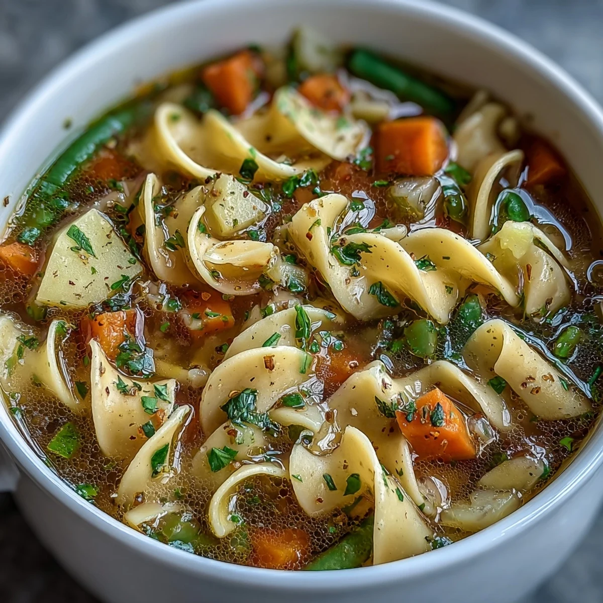 A steaming bowl of simple vegetable noodle soup filled with tender carrots, celery, and egg noodles in a savory broth.  