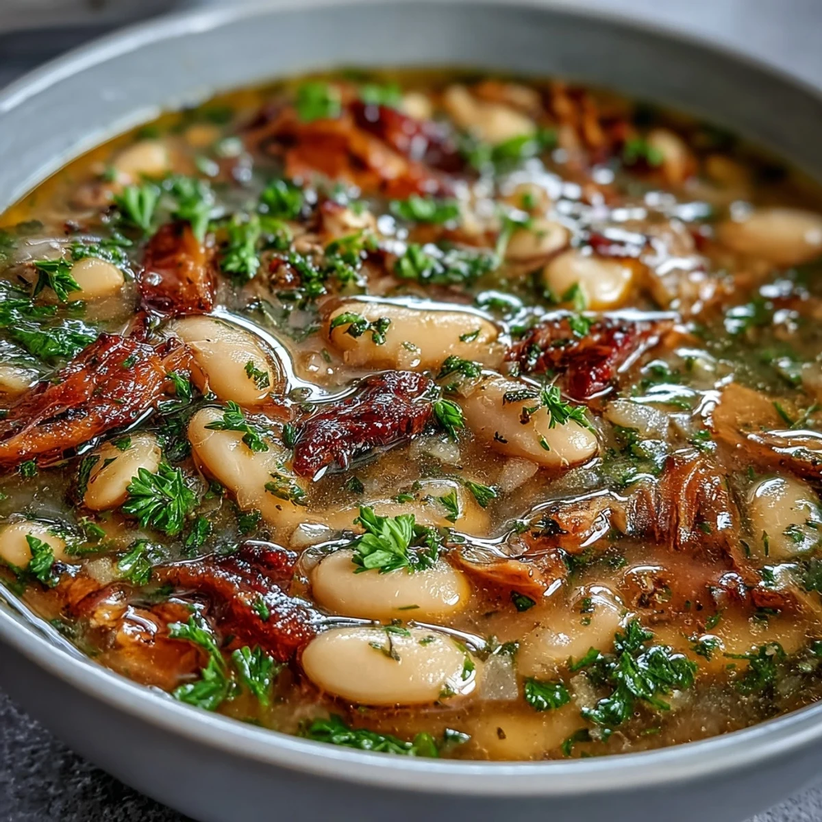 Hearty bowl of smoked turkey and white bean soup with fresh parsley garnish, perfect for a comforting, gluten-free meal.