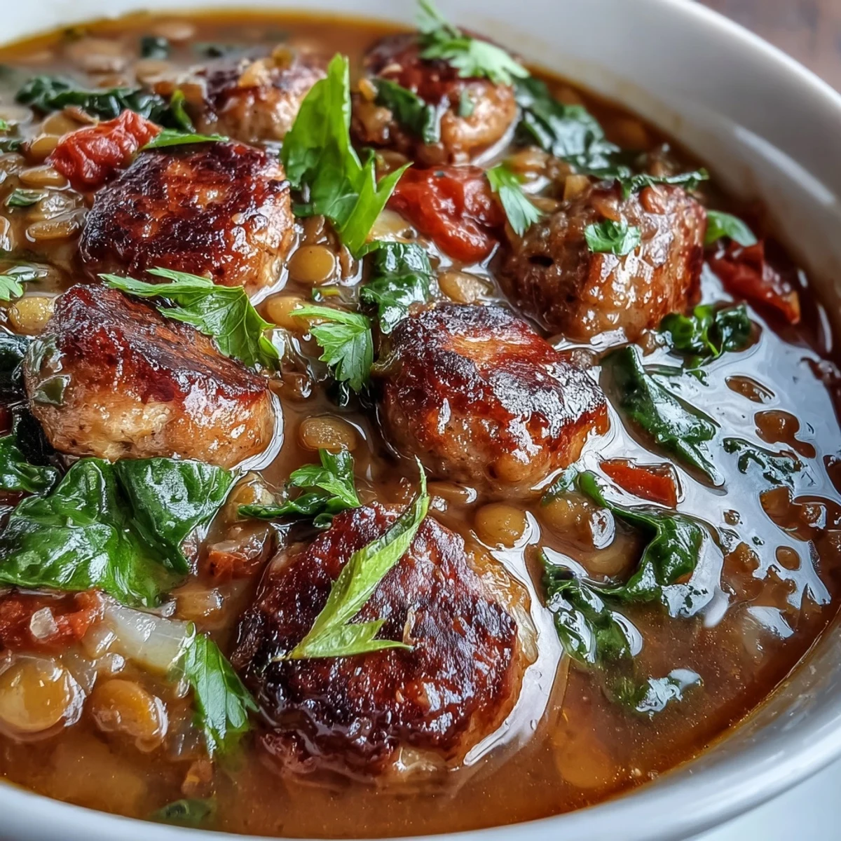 Warm bowl of spicy sausage and lentil soup with kale, featuring tender lentils, hearty sausage, and fresh greens.  