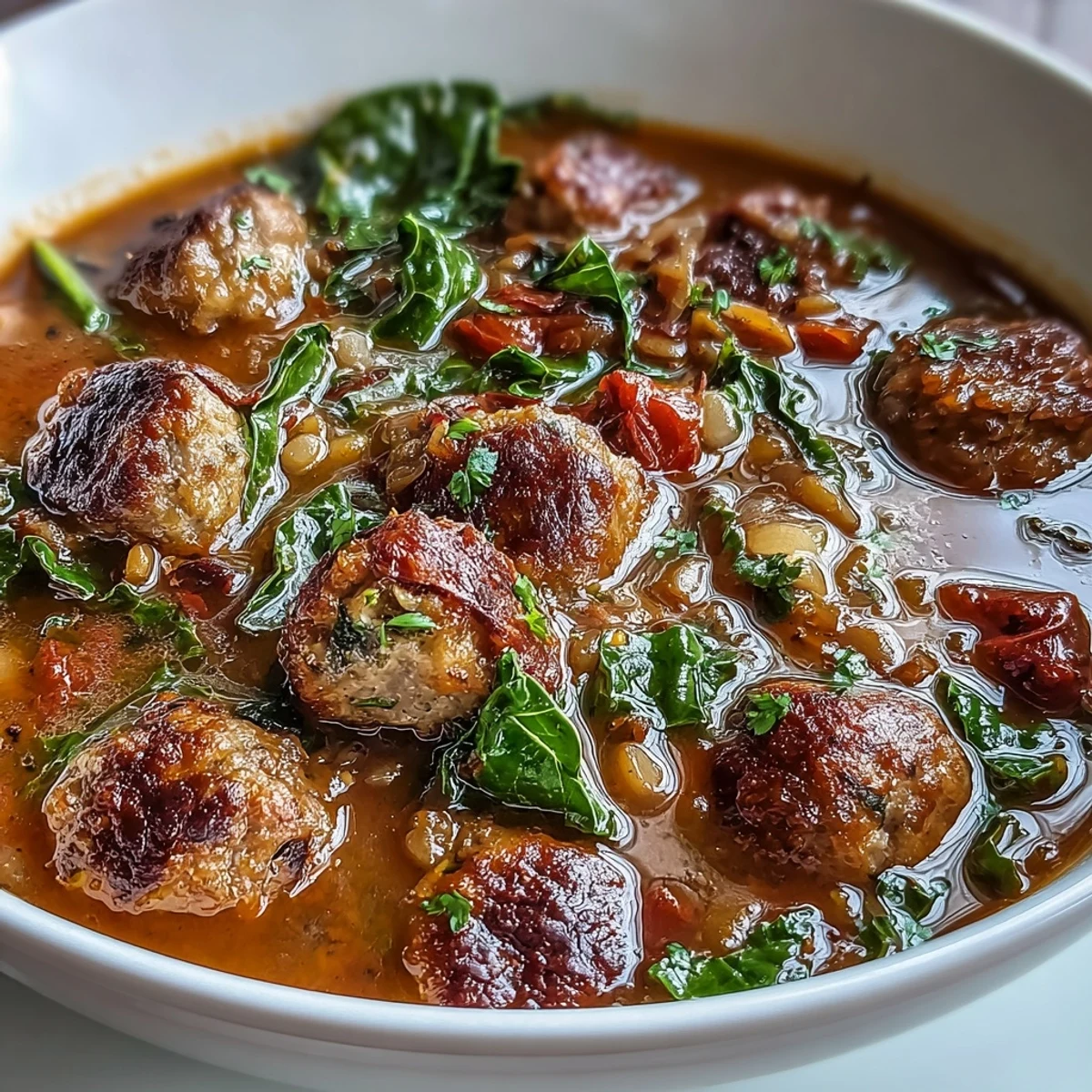 Hearty spicy sausage and lentil soup with kale, simmered in a rich tomato broth and packed with savory flavors.  