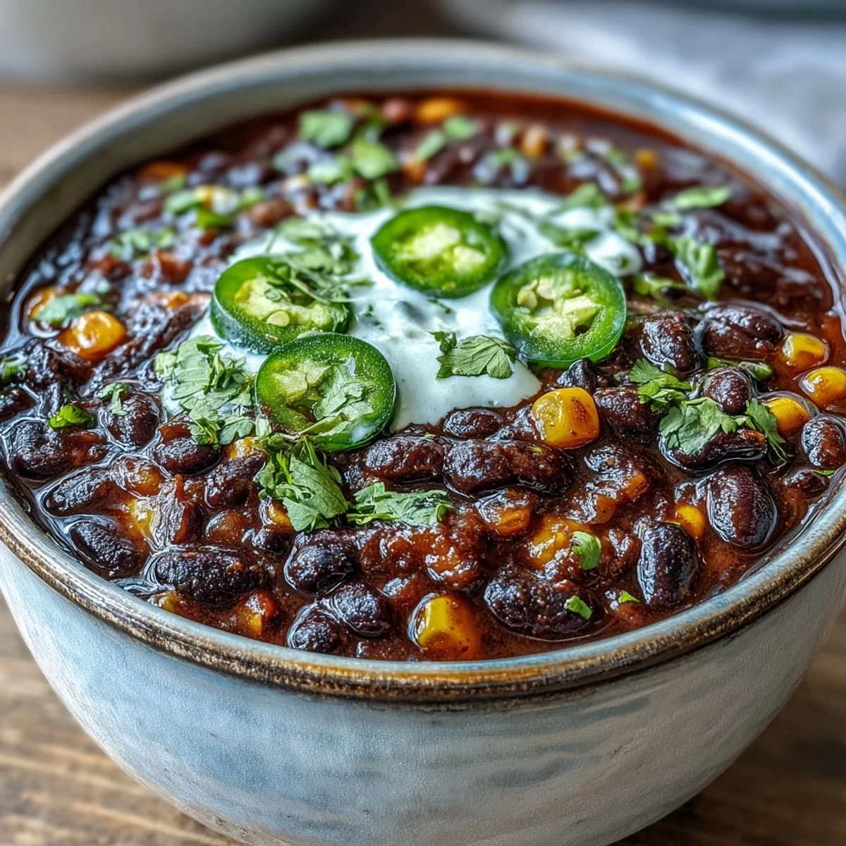 Hearty black bean and corn chili topped with tangy lime crema and fresh cilantro.  