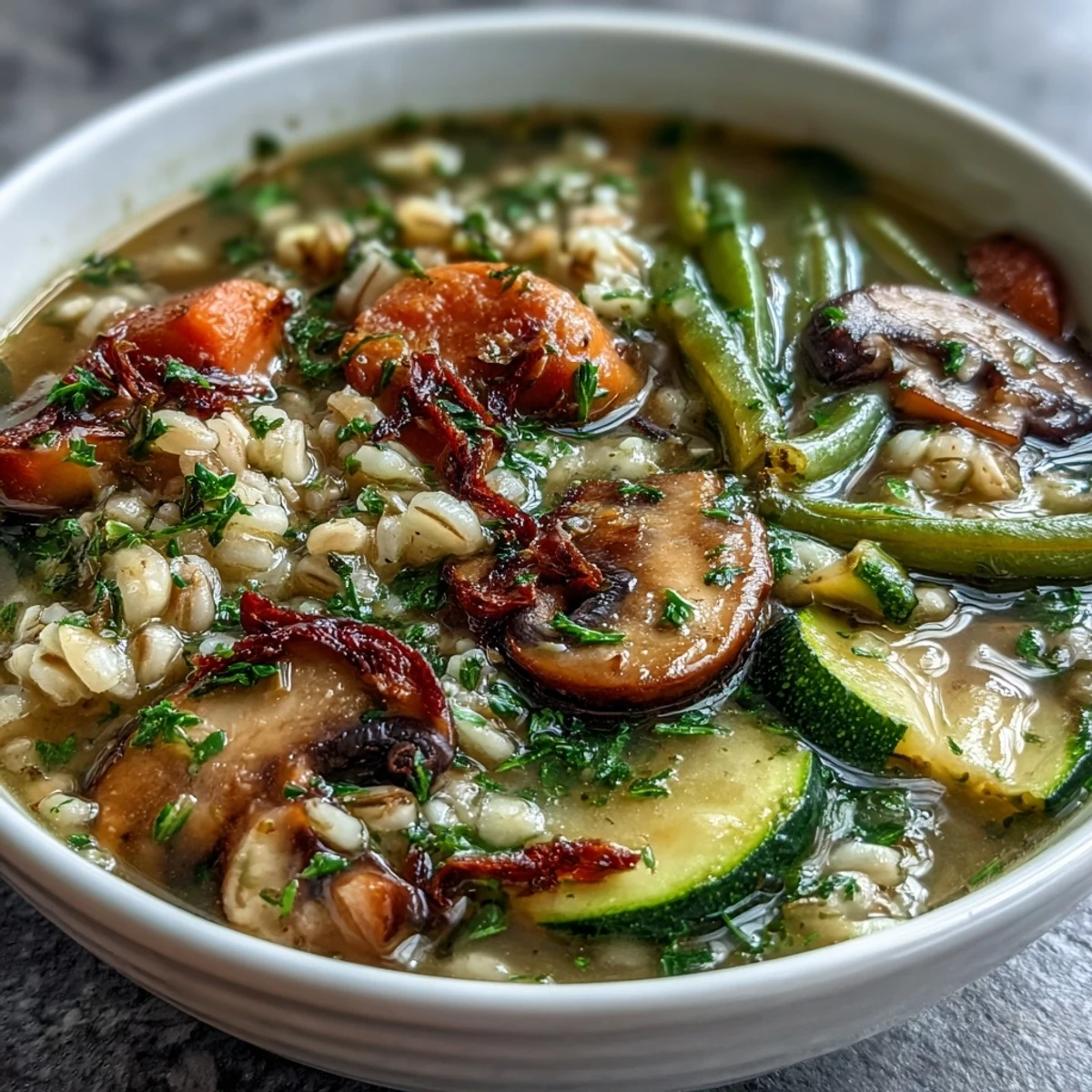 A steaming pot of rustic vegetable barley soup with mushrooms, brimming with fresh produce and wholesome grains, perfect for chilly evenings.