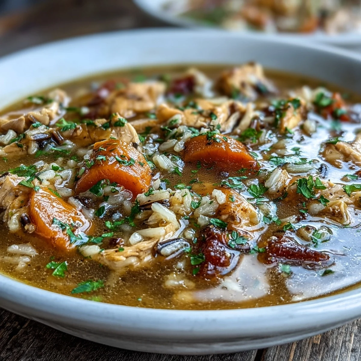 A steaming bowl of chicken and wild rice soup with carrots, celery, and tender shredded chicken in a savory broth.