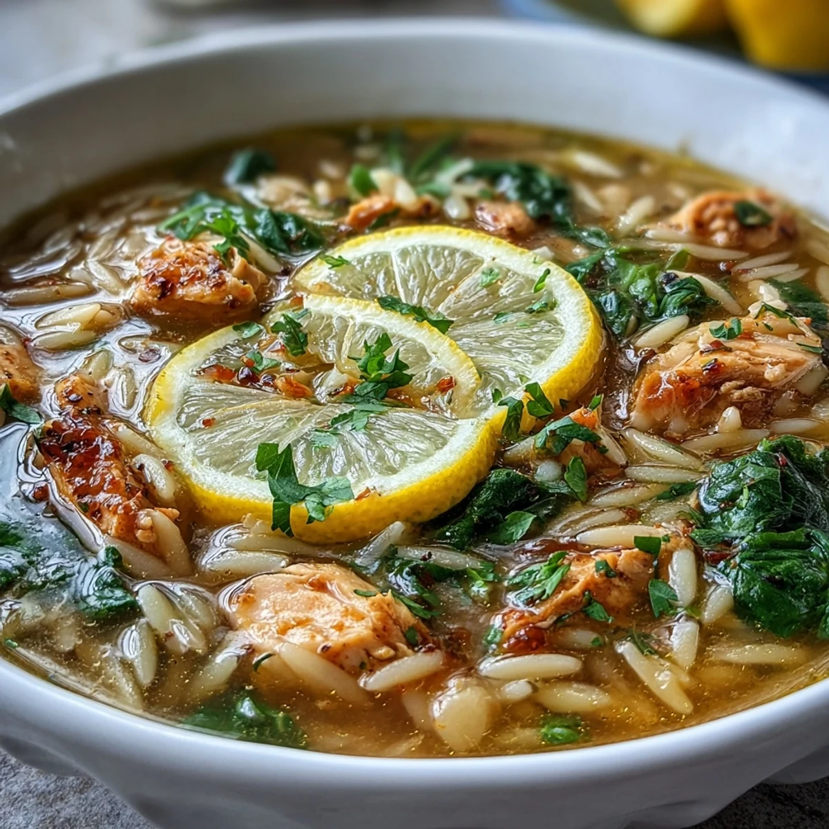 A steaming bowl of lemon chicken orzo soup with tender chicken, fresh spinach, and a bright citrus finish.