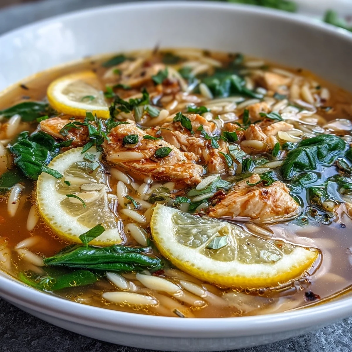 Warm lemon chicken orzo soup filled with orzo pasta, fresh spinach, and aromatic herbs, served with lemon wedges.