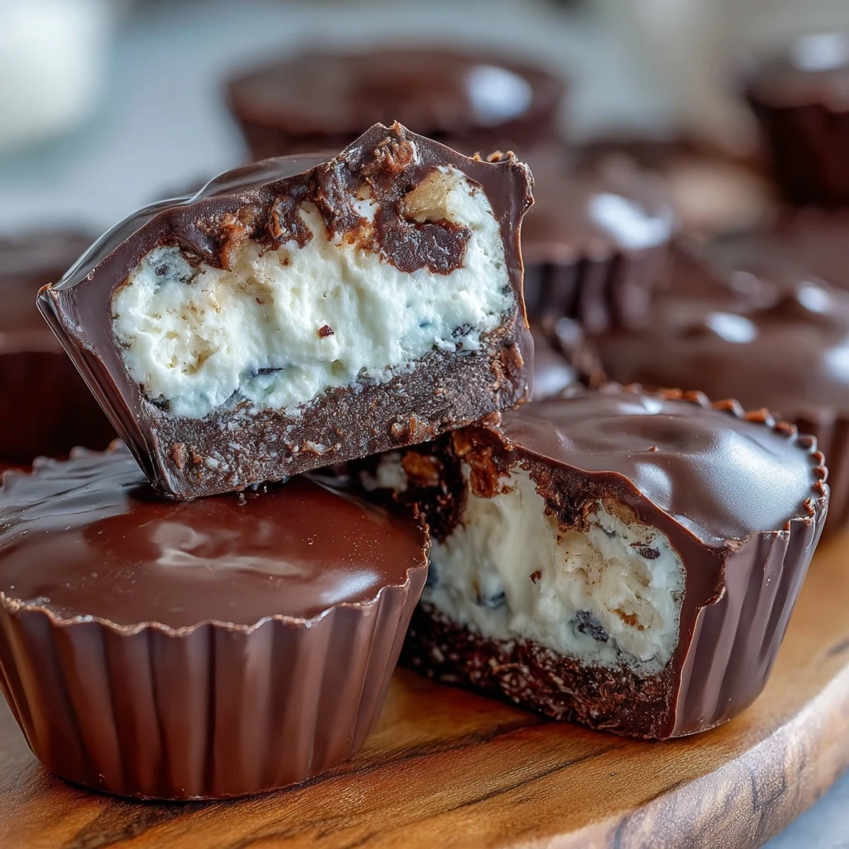 Indulgent dark chocolate peanut butter cups with a smooth, protein-rich Greek yogurt filling, ideal for guilt-free sweet cravings.
