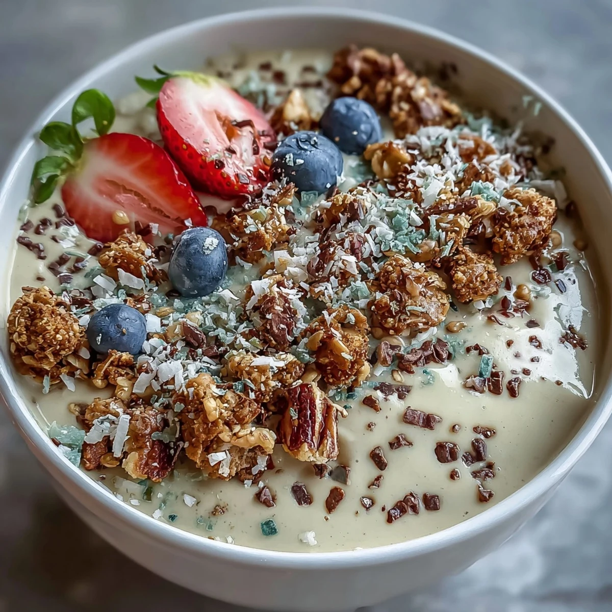 Indulge in this coffee-infused smoothie bowl with rich vanilla bean flavor, granola, and seasonal fruit—perfect for a quick, energizing morning meal.