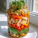 Layered mason jar noodle meal prep, a delicious mix of carbs, veggies, and sauce, ready to eat!
