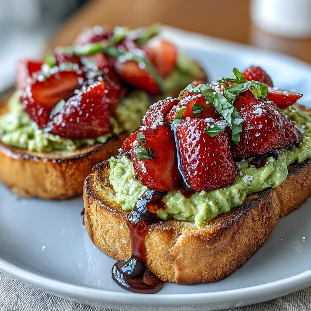 A colorful avocado toast with ripe strawberries and tangy balsamic drizzle, perfect for a festive Galentine's brunch spread.