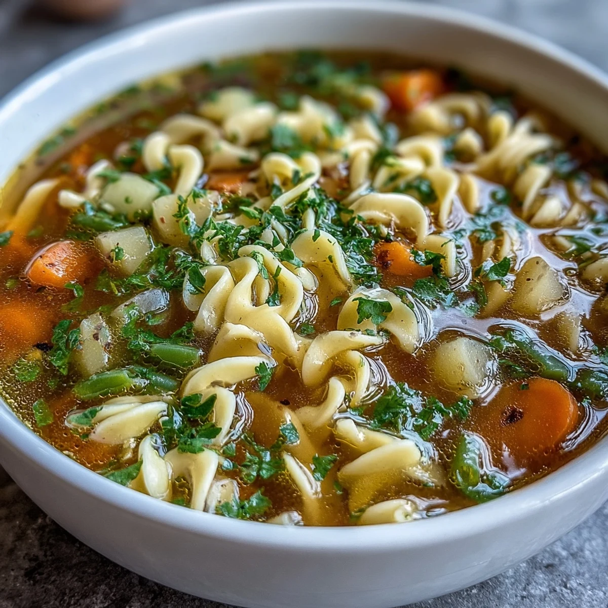 Hearty vegetable noodle soup with seasonal vegetables and soft noodles, garnished with fresh parsley for a comforting meal.  