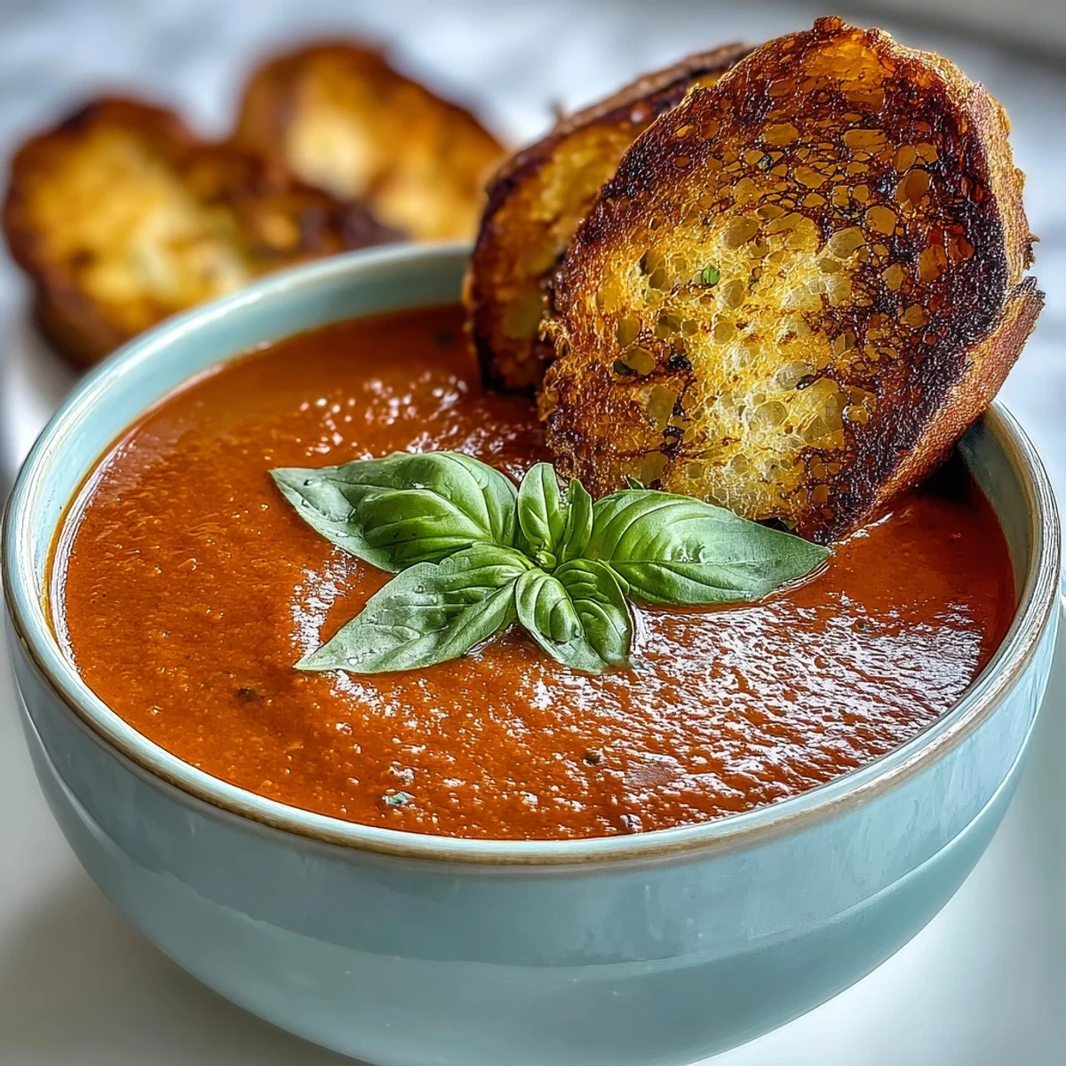 Creamy tomato soup infused with basil, paired with crispy garlic-buttered sourdough strips for dipping.  