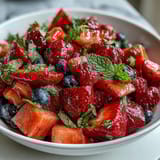 Vibrant strawberry lemonade fruit salad with fresh berries, juicy pineapple, and sweet watermelon in a zesty citrus dressing.