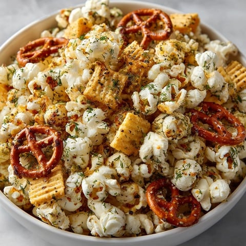 Close-up of flavorful Pickle-Fix Ranch Popcorn Party Mix, perfect for snack cravings.